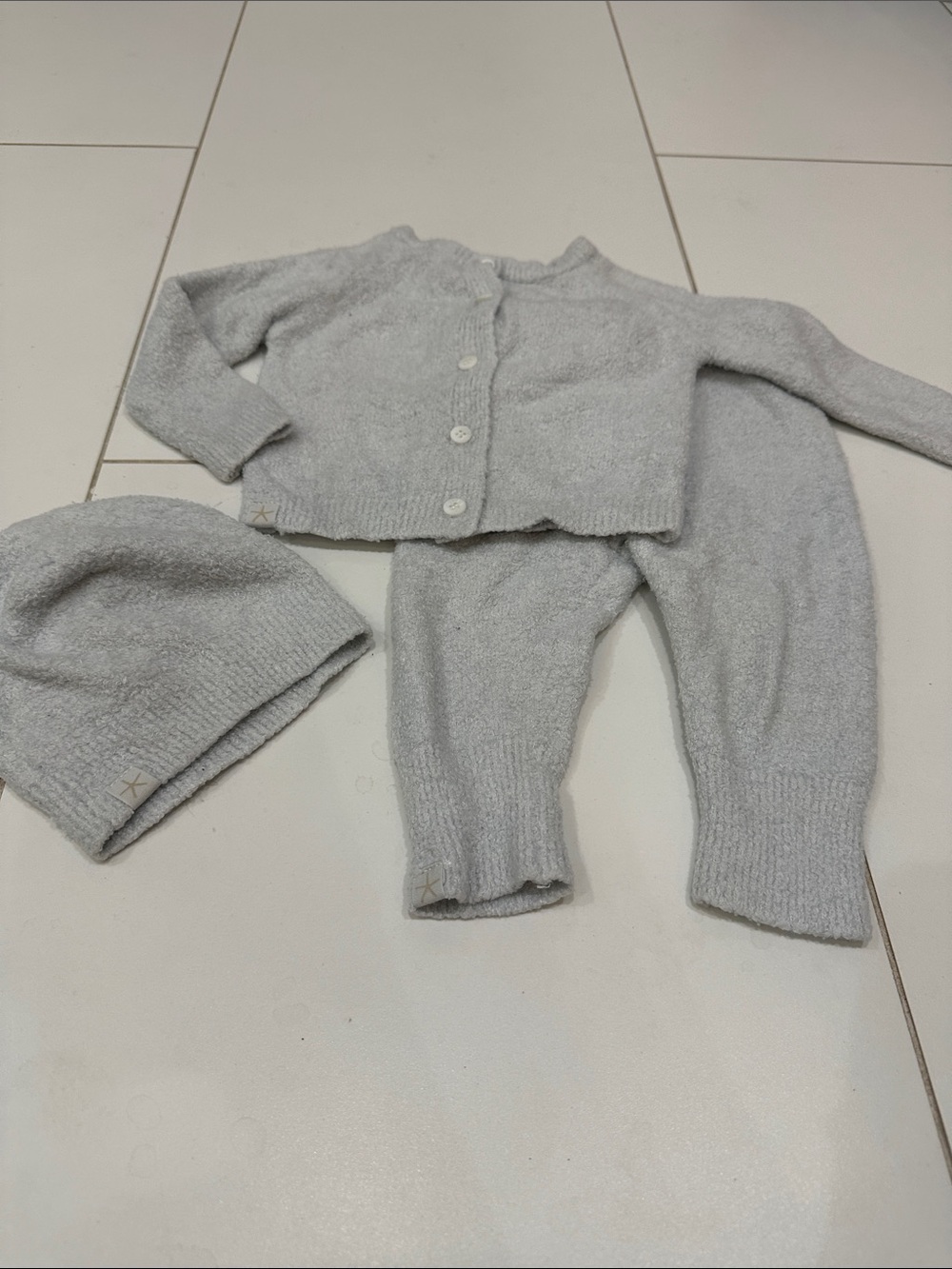 Barefoot Dreams Cozy Light Gray Knit Baby Set - Cardigan, Pants Beanie Newborn